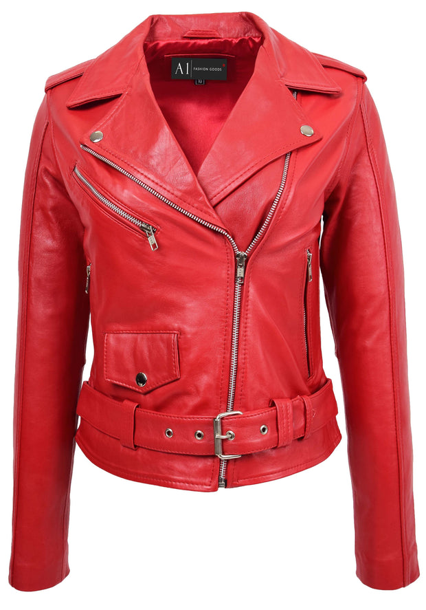 Womens Authentic Soft Leather Biker Jacket Slim Fit Jessie Red