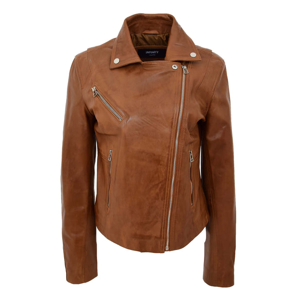 Womens Soft Genuine Leather Biker Jacket Slim Fit Coat Julie Chestnut Front 2