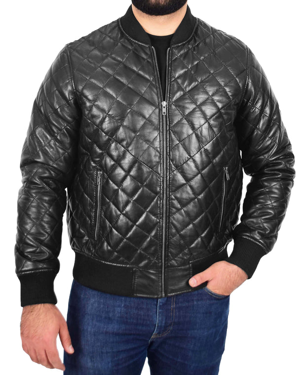 Mens Bomber Leather Jacket Black Fully Quilted Padded Fitted Varsity - Darren4