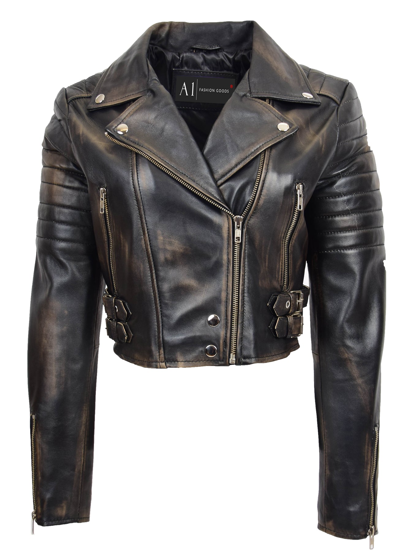 Ladies short black leather jacket deals