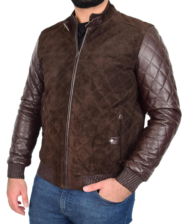 Mens Bomber Jacket Brown Suede and Leather Slim Fit Fully Quilted - Axel 4