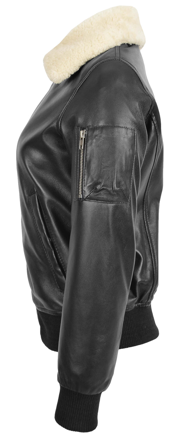 Womens Leather Bomber Jacket Black Removable Sheepskin Collar Fitted Varsity Dolly4