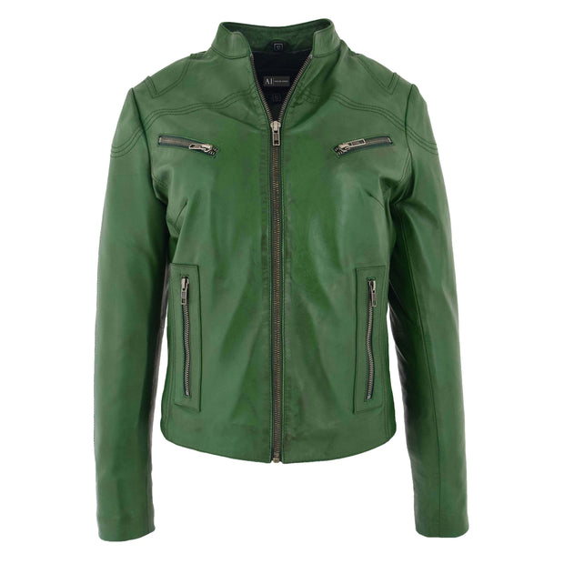 Womens Fitted Leather Biker Jacket Casual Zip Up Coat Jenny Green 2