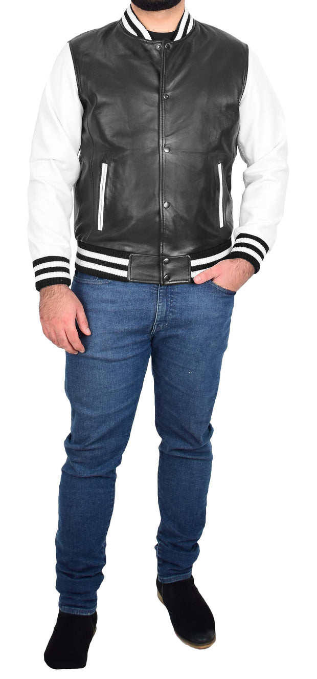 Trendy Mens Leather Bomber American Baseball Style Black White Combo Jacket - Elijah 5