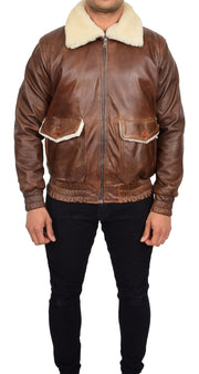 Mens Genuine Leather Pilot Jacket Cognac Flight Aviator Sheepskin Collar Bomber Blaze