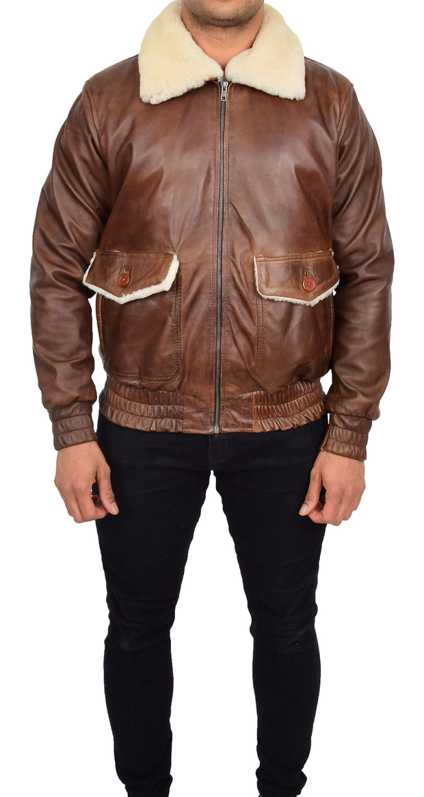 Mens Genuine Leather Pilot Jacket Cognac Flight Aviator Sheepskin Collar Bomber Blaze