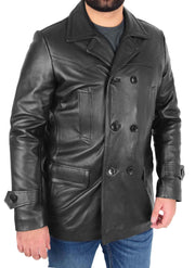 Mens Trench Leather Fitted Reefer Military Overcoat Ernest Black 4