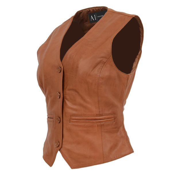 Womens Soft Leather Waistcoat Slim Fit Vest Classic Gilet Katy Tan Front Angle