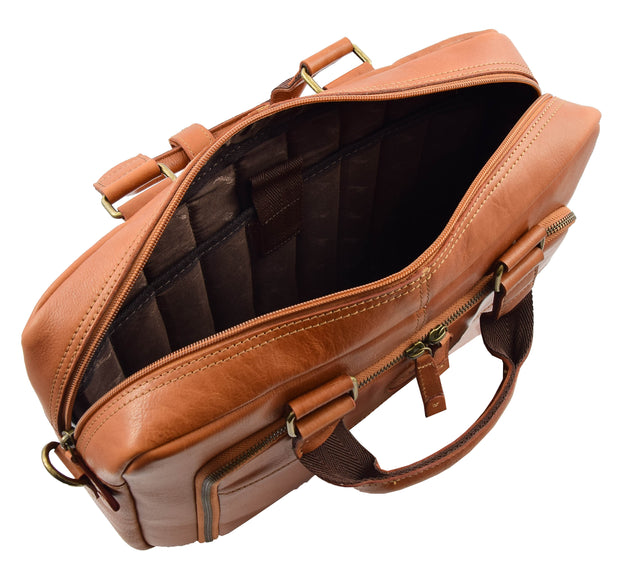 Mens Briefcase Genuine Soft Tan Leather Laptop Business Organiser Bag Pompeii 4