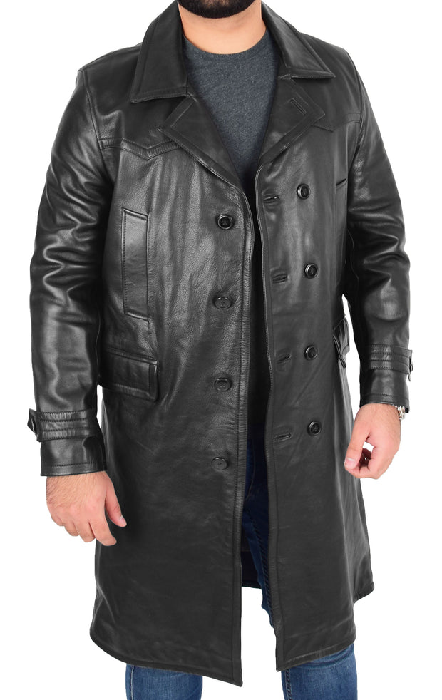 Mens Trench Leather Coat 3/4 Long Overcoat Neo Black 4