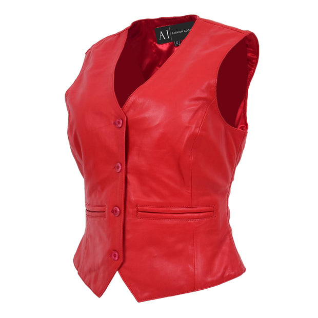 Womens Soft Leather Waistcoat Slim Fit Vest Classic Gilet Katy Red Front Angle
