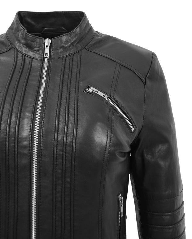 Womens Genuine Leather Biker Style Zip Up Fitted Jacket Poppy Black 4
