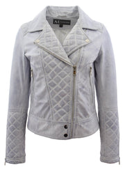 Womens Real Leather Jacket Dirty White Fitted Quilted Trendy Biker Style Bonnie