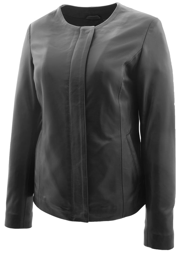 Women Black Leather Jacket Collarless Neckline Soft Fitted Zip Fasten Elena