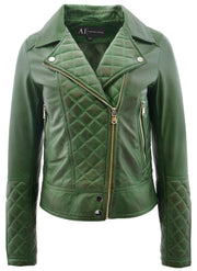 Womens Real Leather Jacket Green Fitted Quilted Trendy Biker Style Bonnie