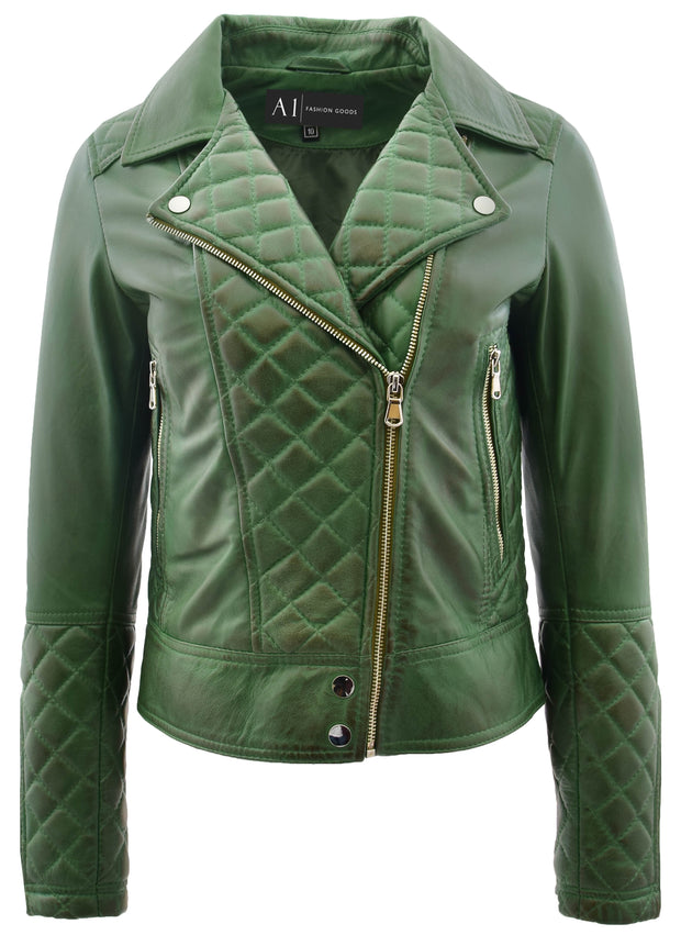 Womens Real Leather Jacket Green Fitted Quilted Trendy Biker Style Bonnie