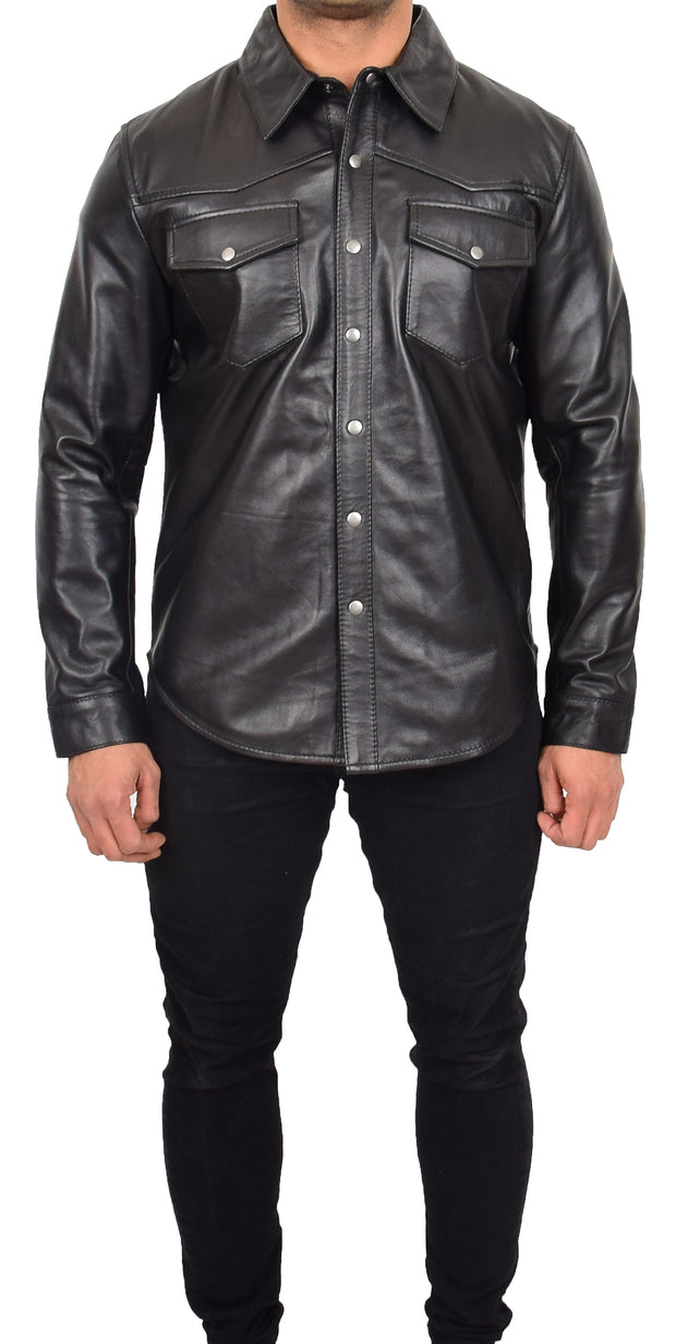 Mens Real Leather Western Shirt Black Authentic American Fashion Trucker Jacket Brett