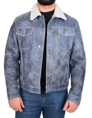 Mens Real Sheepskin American Trucker Jacket Blue Fitted Merino Curly Shearling Rudy 4