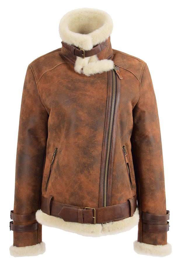 Womens Real Sheepskin Jacket Brown Antique Shearling Aviator Coat Willow 4