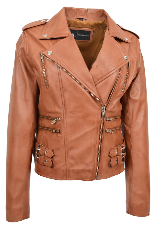 Womens Trendy Biker Leather Jacket Beyonce Cognac