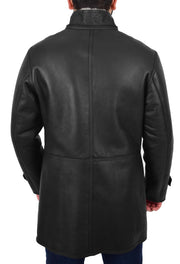 Mens Real Sheepskin Black Duffle Coat 3/4 Long White Shearling Sterling4