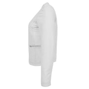 Women Collarless White Leather Jacket Fitted Quilted Zip Up - Remi Side