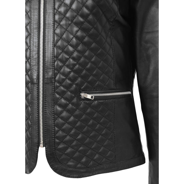 Women Collarless Black Leather Jacket Fitted Quilted Zip Up - Remi Feature 1