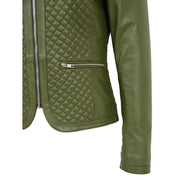 Women Collarless Olive Green Leather Jacket Fitted Quilted Zip Up - Remi Feature 2