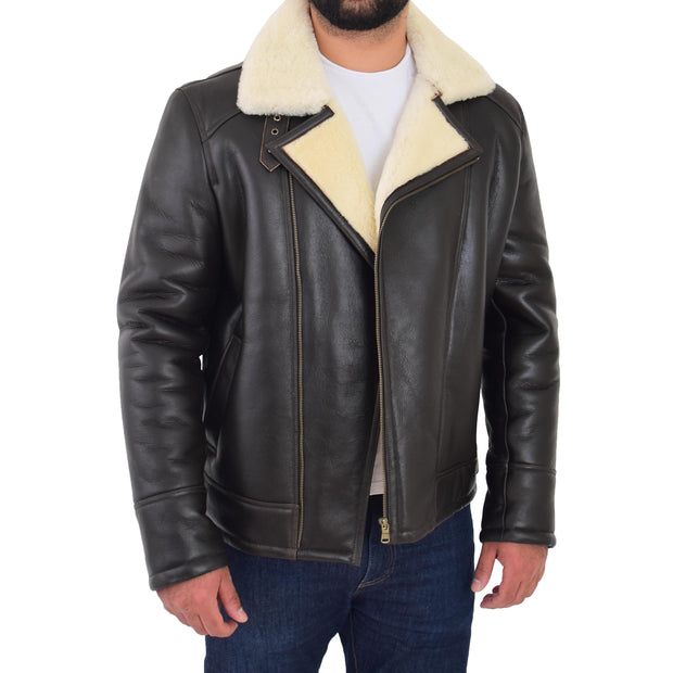 Mens Real Sheepskin Flying Jacket X-Zip Shearling Aviator Bomber Coat Stealth Brown White Front Open 2