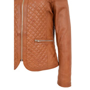 Women Collarless Cognac Leather Jacket Fitted Quilted Zip Up - Remi Feature 1