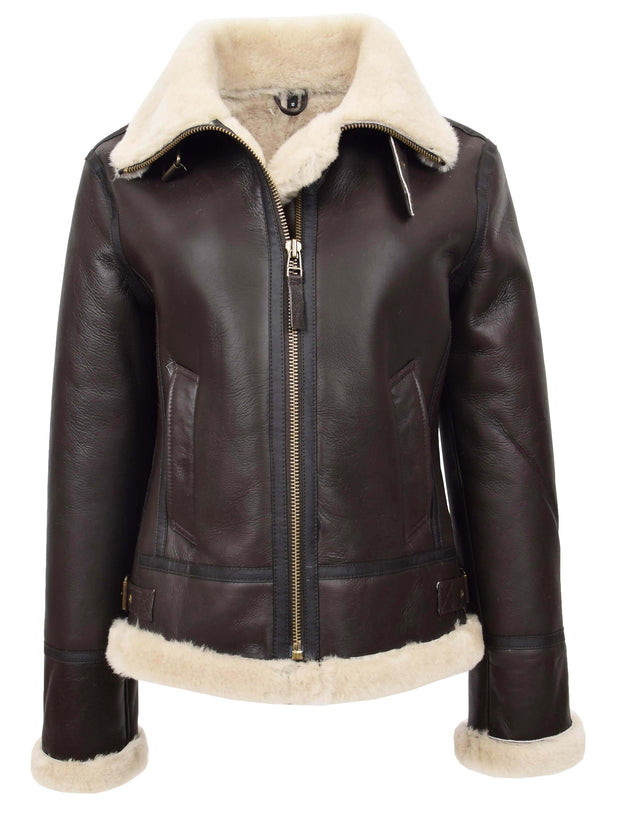 Womens Real Brown Sheepskin Jacket Hooded Shearling B3 Pilot Coat Maria 4