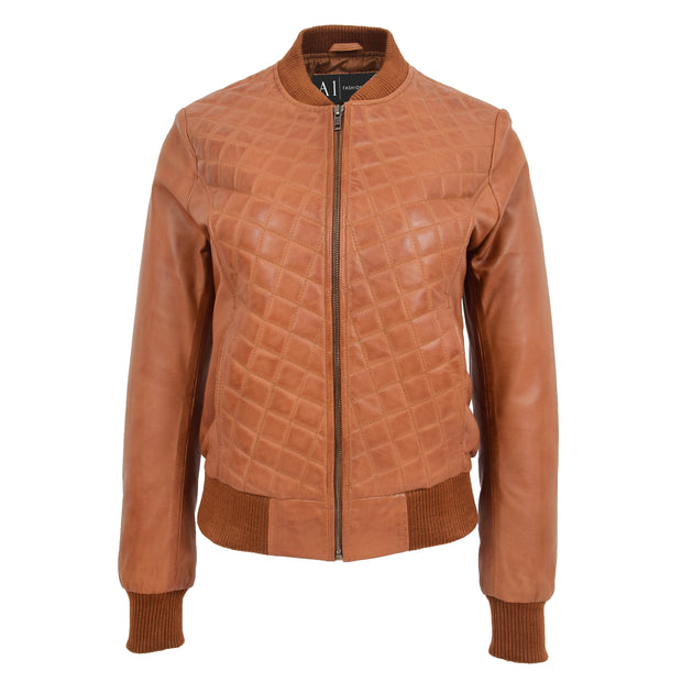 Womens Real Leather Bomber Jacket Tan Diamond Quilted Fitted Varsity Storm Front 2