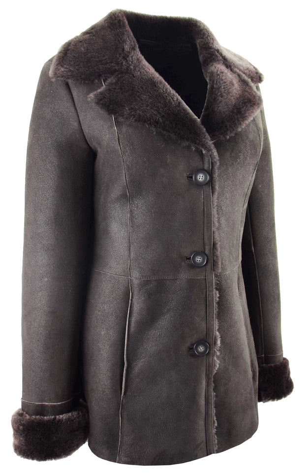 Womens Real Sheepskin Brown Jacket Classic 3/4 Mac Merino Shearling Trench Zona-4