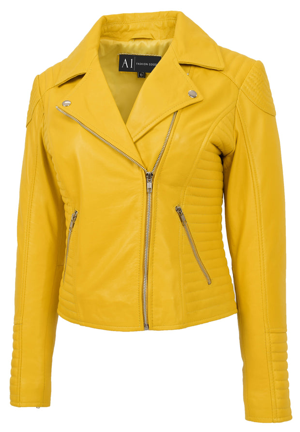 Womens Designer Leather Biker Jacket Fitted Quilted Bonita Yellow-4