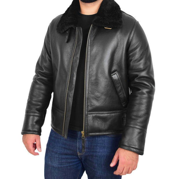 Mens Original Sheepskin Flying Jacket B3 Bomber Aviator Pilots Shearling Coat Raptor Black Front Open 2