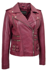 Womens Trendy Biker Leather Jacket Beyonce Burgundy 5