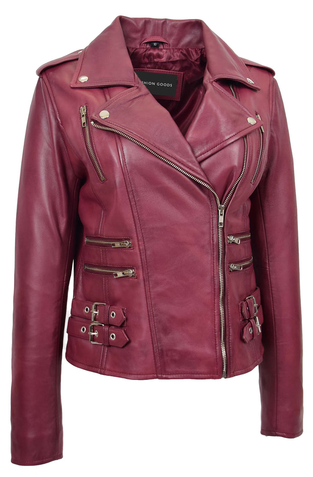 Womens Trendy Biker Leather Jacket Beyonce Burgundy 5