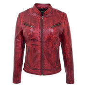 Womens Fitted Leather Biker Jacket Casual Zip Up Coat Jenny Dirty Red 2