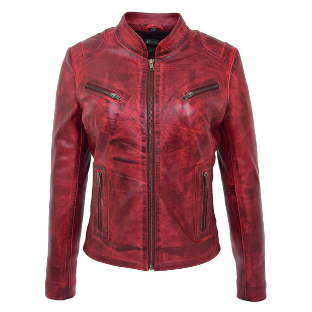 Womens Fitted Leather Biker Jacket Casual Zip Up Coat Jenny Dirty Red 2