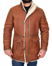 Mens Real Sheepskin Duffle Coat 3/4 Long Antique Whiskey Lamb Shearling Sterling 4