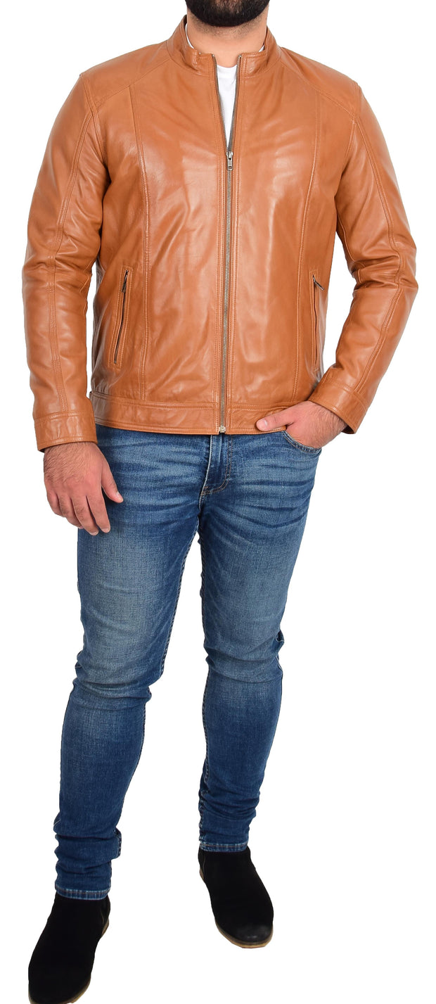 Mens Soft Tan Leather Casual Zip Fasten Jacket Nobel4
