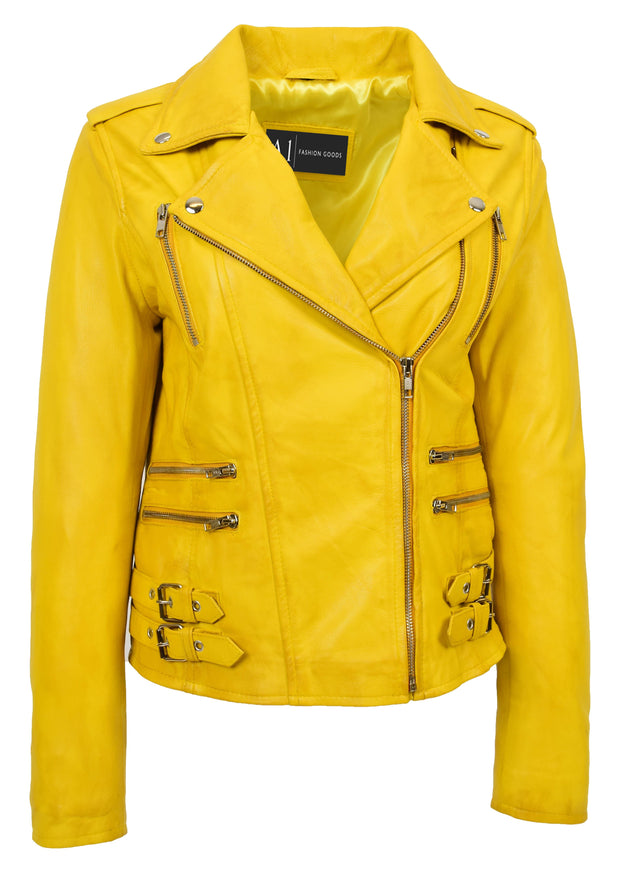 Womens Trendy Biker Leather Jacket Beyonce Yellow Vintage