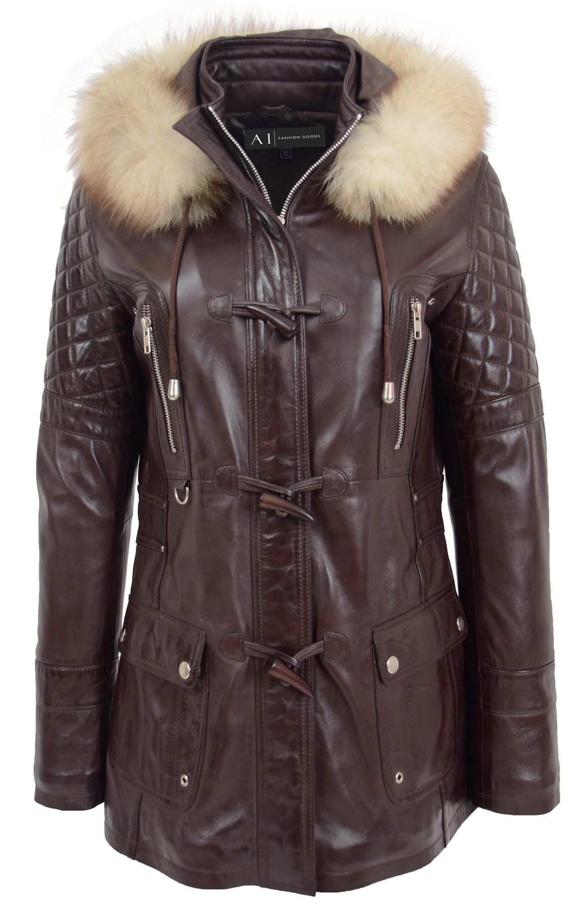 Womens Brown Leather Duffle Coat Removable Hood   A1 Fashion Goods