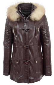 Womens Trendy Real Soft Leather Duffle Coat Fitted Removable Hood Parka Cory Brown