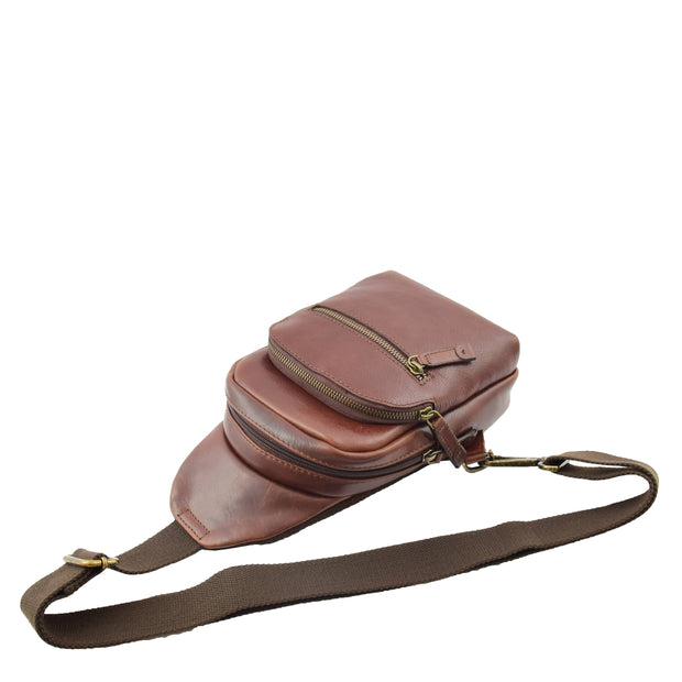 Real Brown Leather Chest Bag Front Cross Body Organiser Wing Laydown