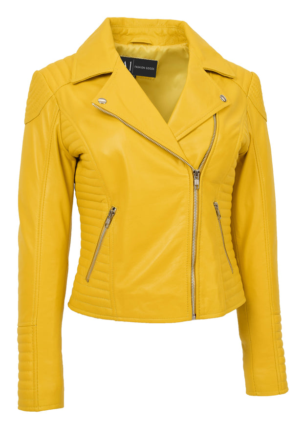 Womens Designer Leather Biker Jacket Fitted Quilted Bonita Yellow-5