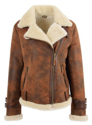 Womens Real Sheepskin Jacket Brown Antique Shearling Aviator Coat Willow 5