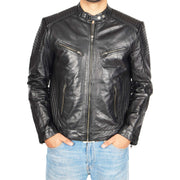 Mens Cafe Racer Biker Leather Slim Fit Jacket Teddy Black Front 2