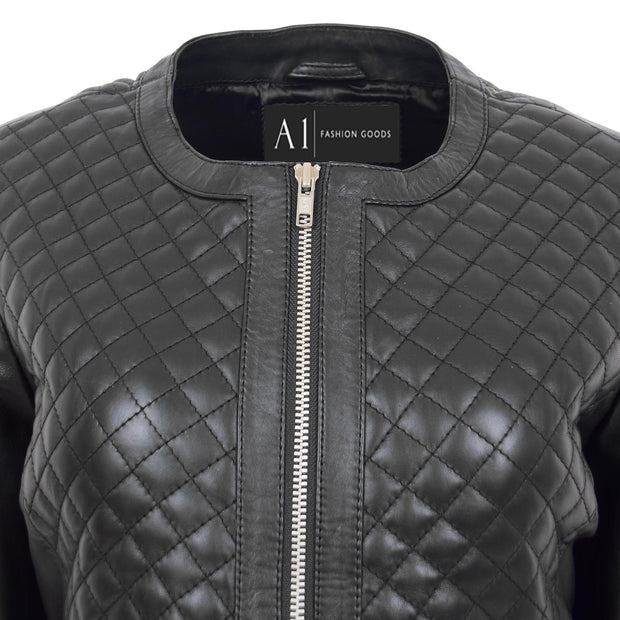Women Collarless Black Leather Jacket Fitted Quilted Zip Up - Remi Feature 2