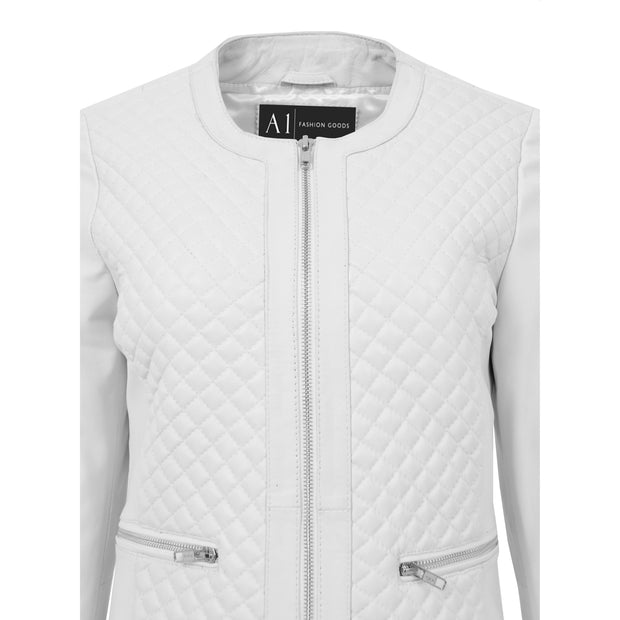 Women Collarless White Leather Jacket Fitted Quilted Zip Up - Remi Feature
